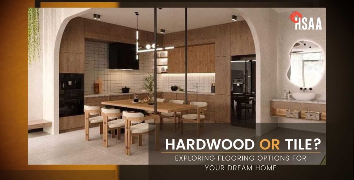 A side-by-side comparison of hardwood and tile flooring options in a stylish living room setting.