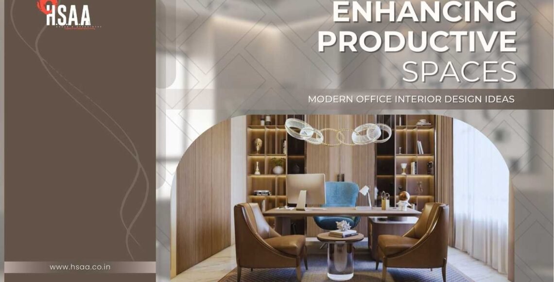 A sleek and modern office interior with spacious layouts, ergonomic furniture, collaborative workspaces, and an overall design that enhances productivity and creativity.
