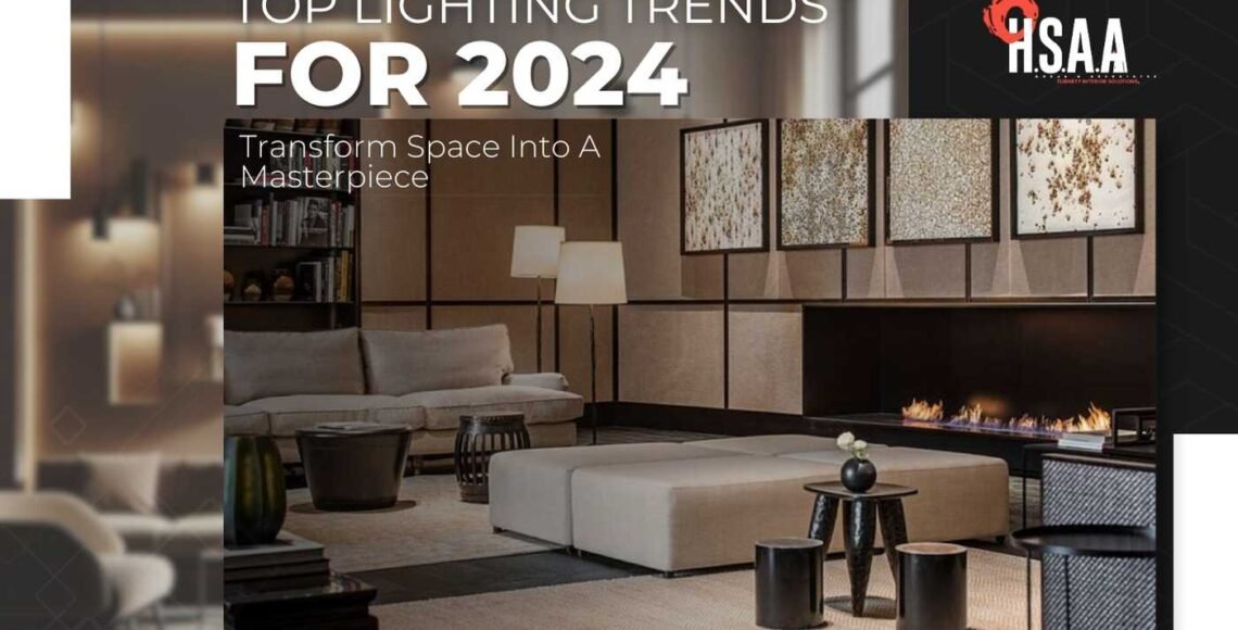 A modern interior showcasing the latest lighting trends, including sleek fixtures, statement lighting, and ambient illumination.