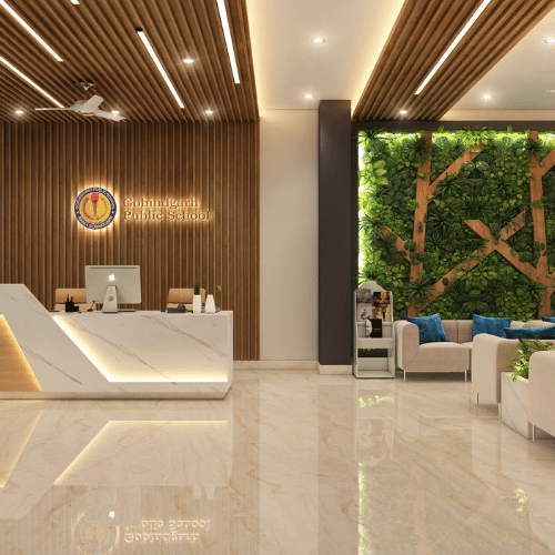 A welcoming office space at Govindgarh Public School, featuring organized workstations, warm lighting, and an inviting reception area.