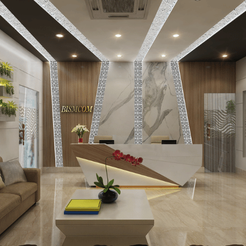 Modern office space at Biscomaun Bhawan in Patna, showcasing contemporary furnishings, clean lines, and a well-lit, professional environment.
