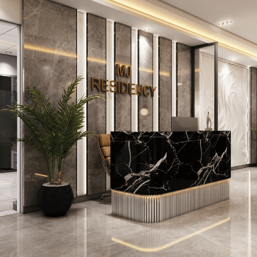 MJ Properties Rishikesh office exterior with modern architecture, surrounded by scenic mountain views.